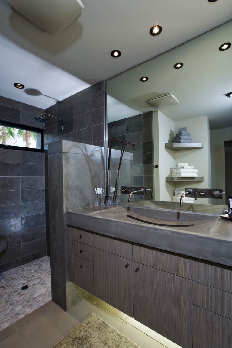 A universal design bathroom remodel with an open walk-in shower to help illustrate why curbless showers are popular for accessibility and aging in place