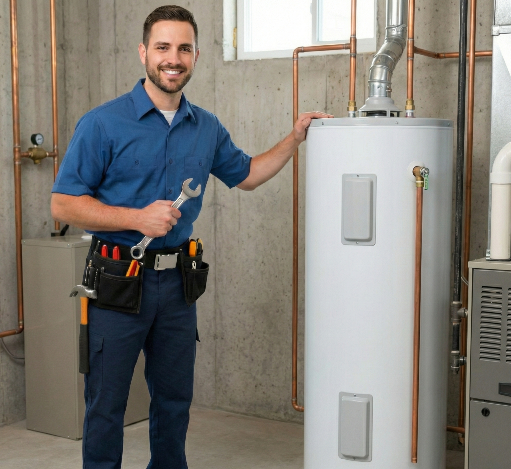 Smiling plumber standing next to a hot water heater to help illustrate water heater repair and installation portland or and Do Gas Water Heaters Need Electricity